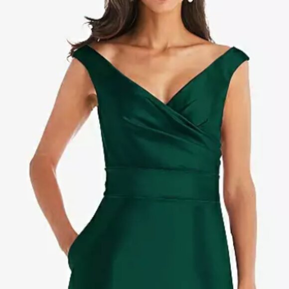 Alfred Sung Off-the-Shoulder Draped Wrap Satin Maxi Dress, Hunter Green Size 14 - Picture 2 of 7